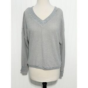 Women's Waffle Knit V-Neck Casual‎ Long Sleeve Pullover Sweater Gray Size Large